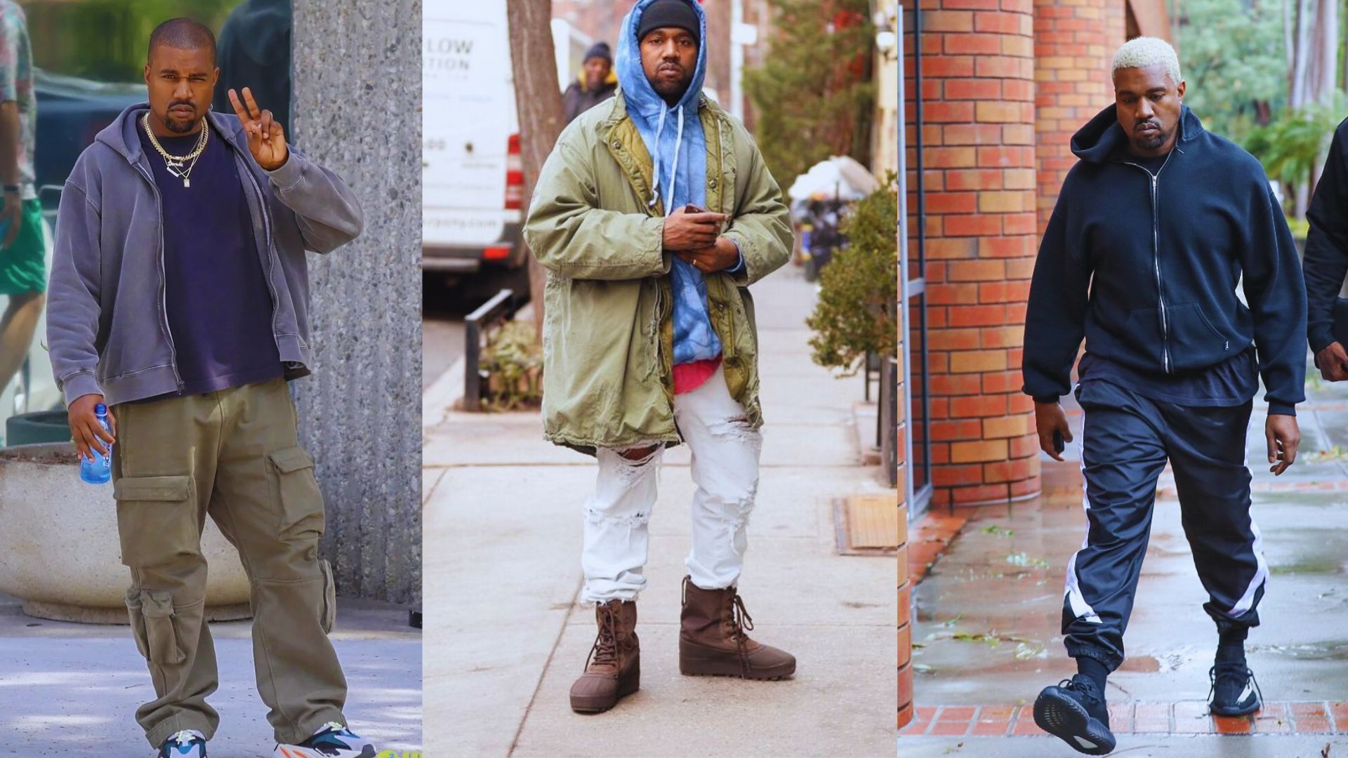 An image depicting Kanye West's street style evolution, featuring diverse outfits that reflect his fashion journey.