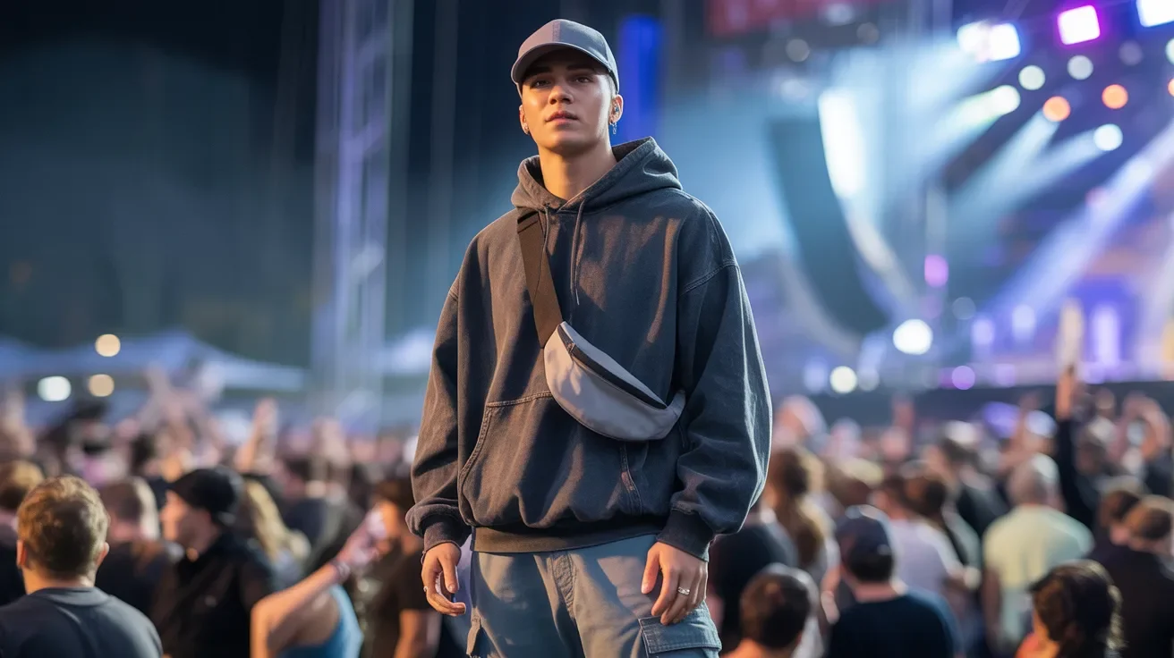 A boy in a comfortable hoodie and cargo pant, enjoying in a concert.
