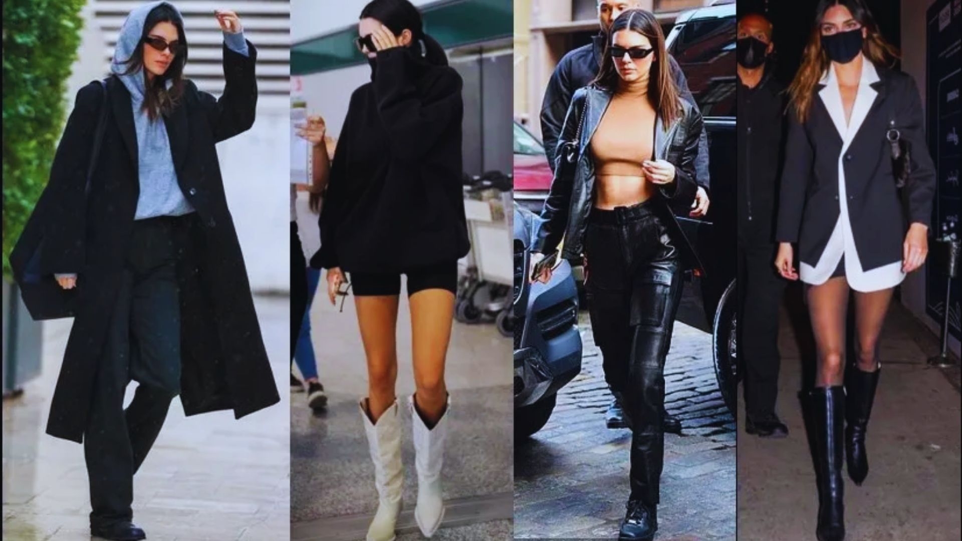 Kendall Jenner models a stylish leather jacket, crop top, and boots, showcasing a chic urban fashion look.