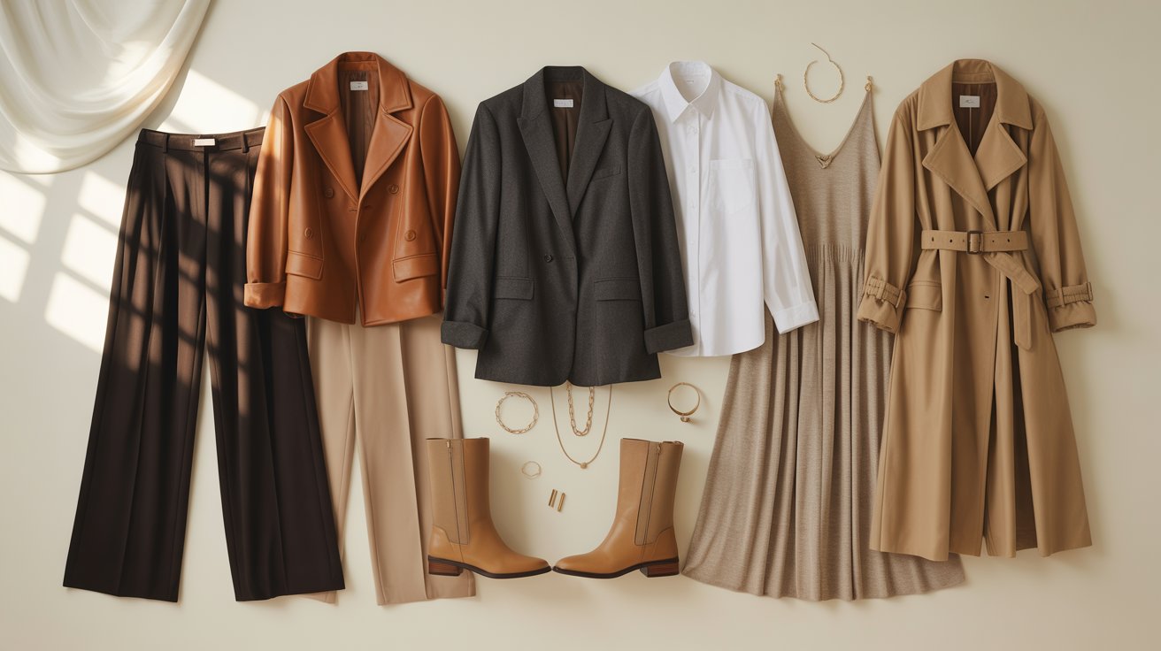 A collection of women's clothing items and shoes displayed together on a flat surface.