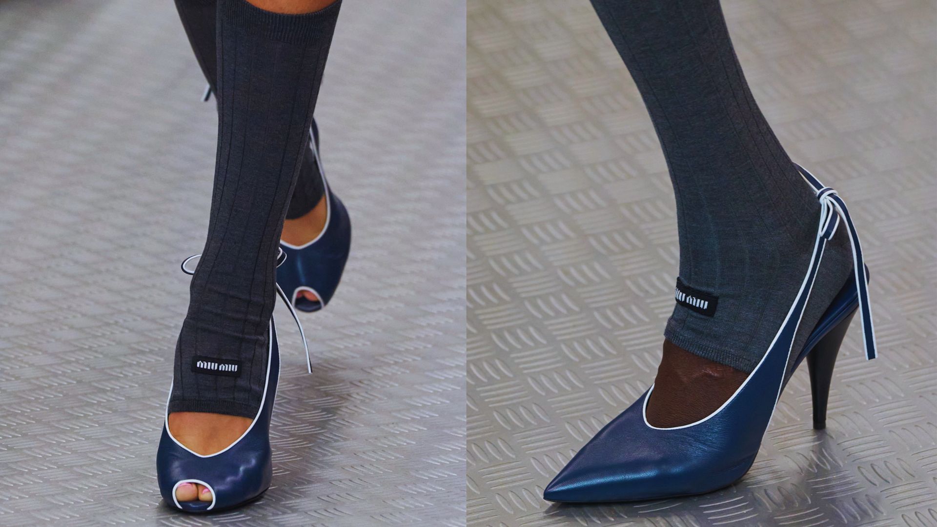 Two photos of a woman's legs, one with patterned socks and the other with solid socks, both paired with trendy shoes.
