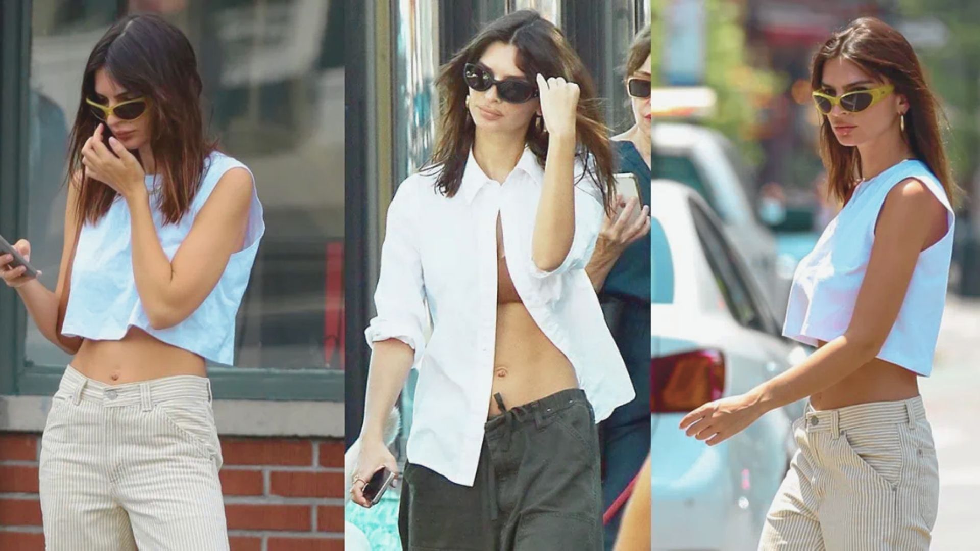 A collage of four photos featuring a woman wearing sunglasses and a crop top, displaying various angles and styles.