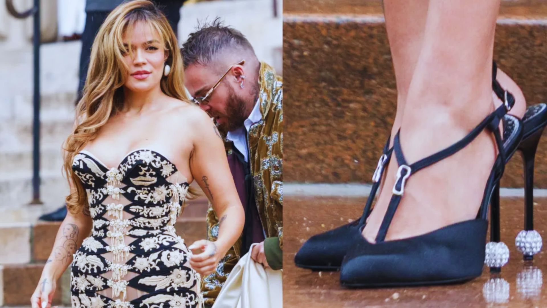 Two images of a woman wearing a stylish dress and high heels, showcasing her outfit from different angles.