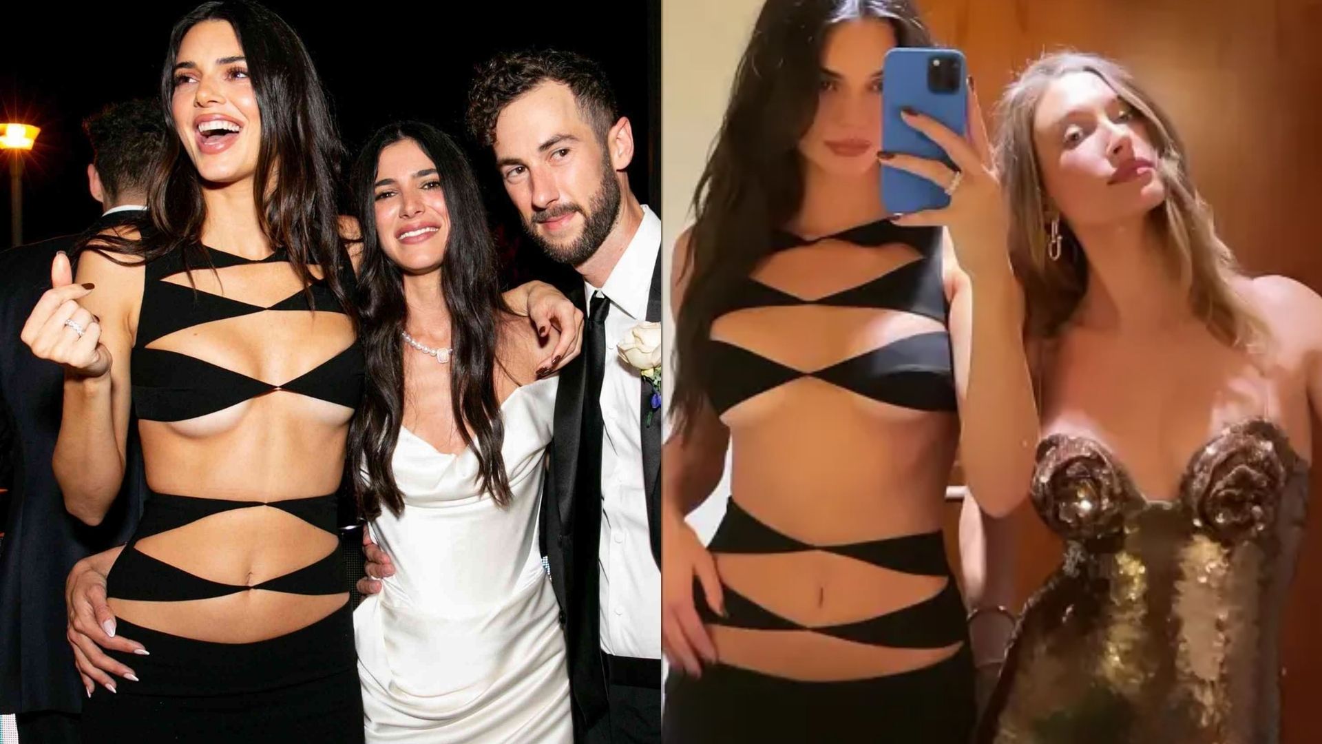 Two women in black outfits and one in a strapless dress, showcasing a stylish cut-out black wedding guest dress.