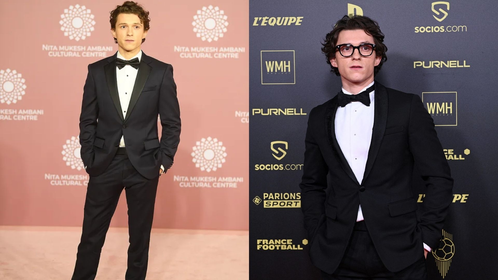 Two images of men in tuxedos, showcasing a black velvet suit premiere look and a classic tuxedo style.
