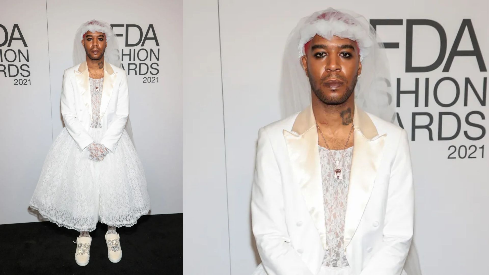 A man in a white suit and wedding dress at the CFDA Awards, showcasing a bold fashion statement by Kid Cudi.