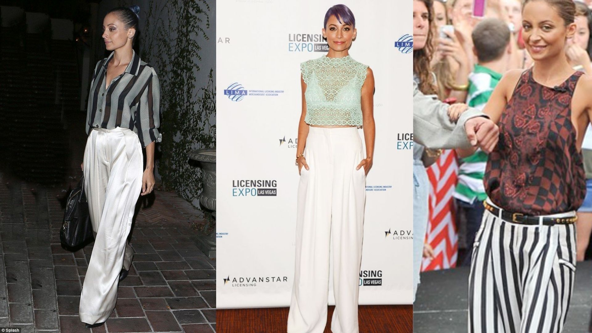 Four images of women showcasing 70s wide-leg white pants in various styles and settings.