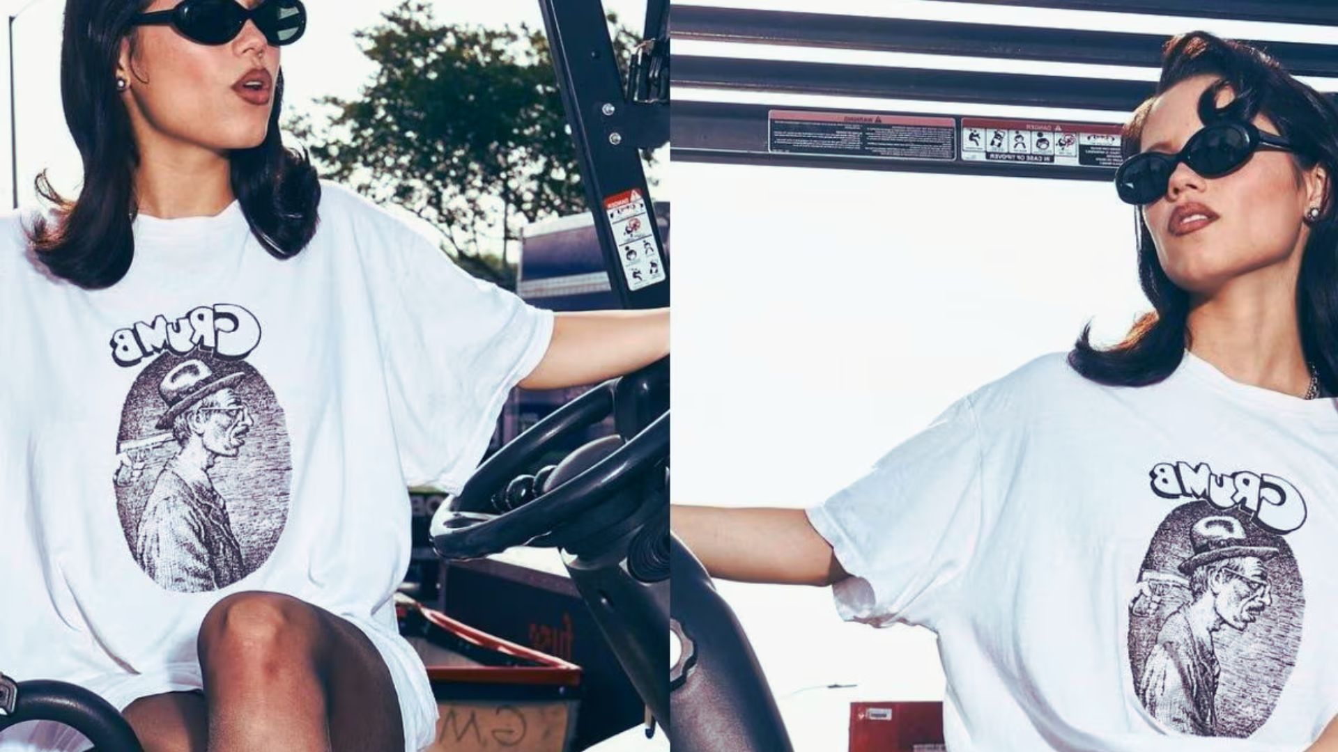 Two images of a woman wearing sunglasses and a graphic t-shirt, showcasing her casual summer style.