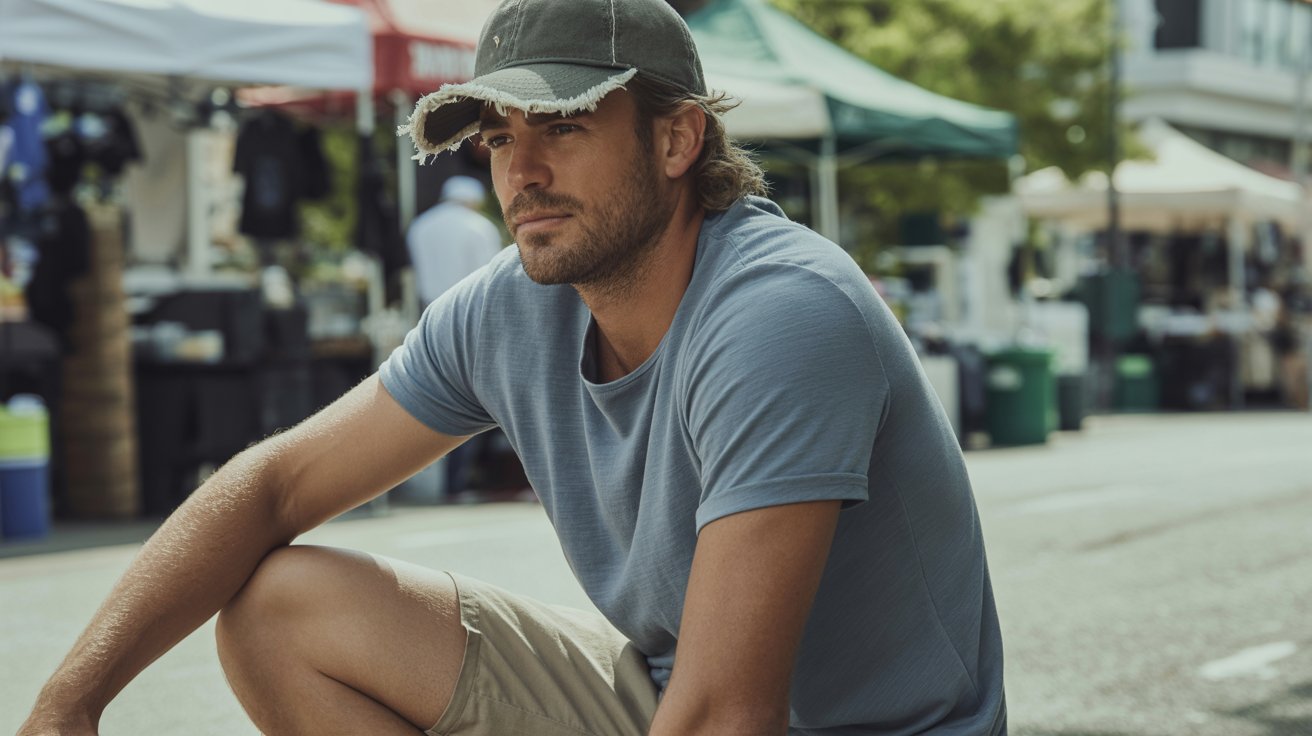 A man wearing a frayed baseball cap sits on the ground, looking relaxed and contemplative.