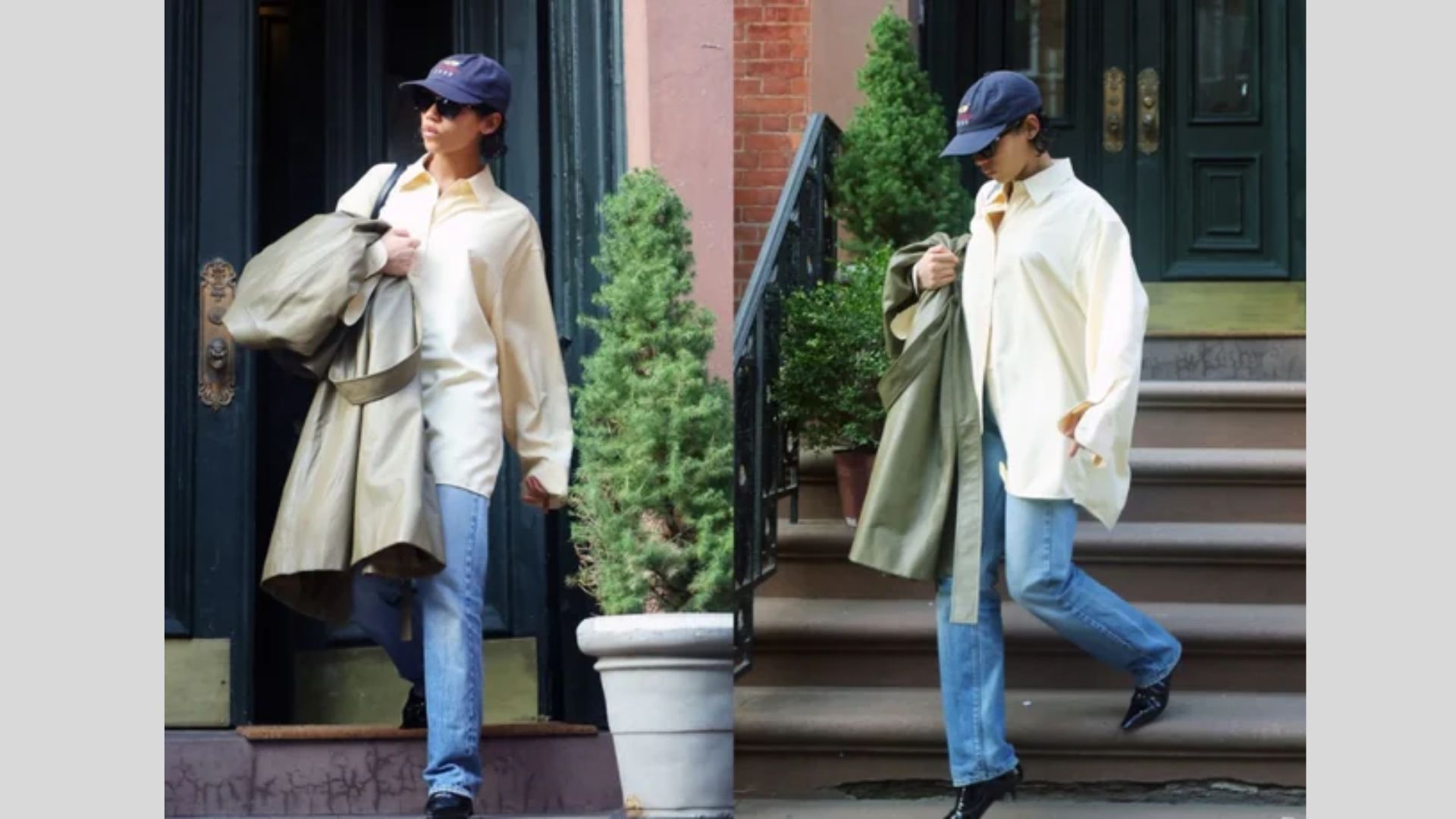Two images of a woman wearing jeans and a hat, showcasing her casual style from different angles.