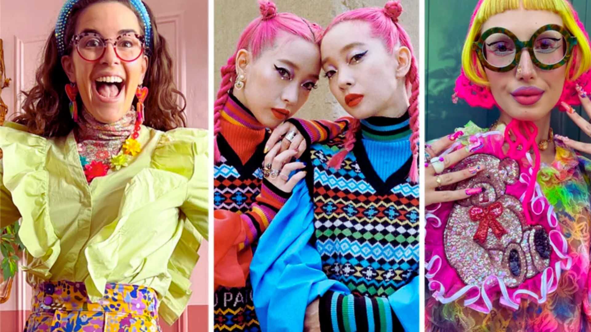 A collage of four women in bright, eclectic clothing, exemplifying the art of creating a maximalist outfit.