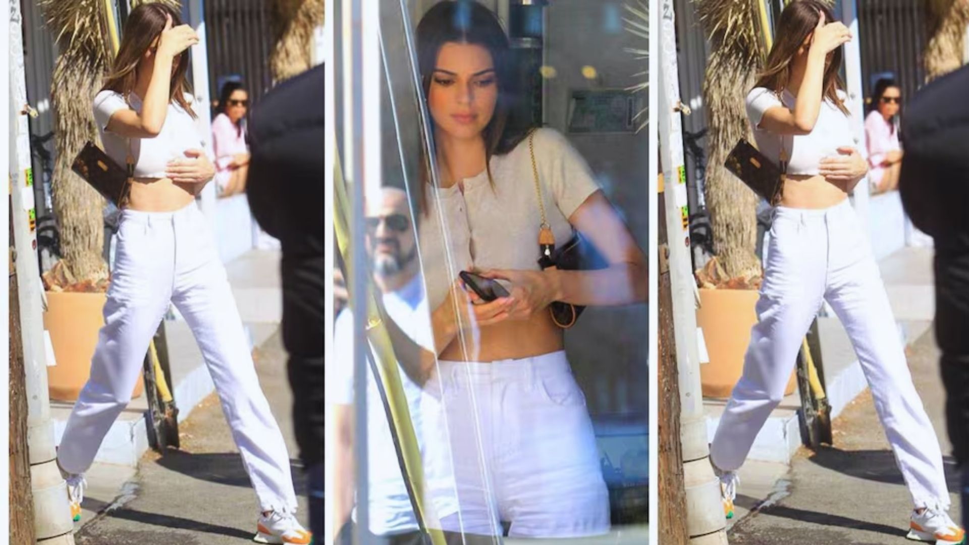 Three images of Kendall Jenner in white pants and cropped tee, showcasing her stylish outfit and confident pose.