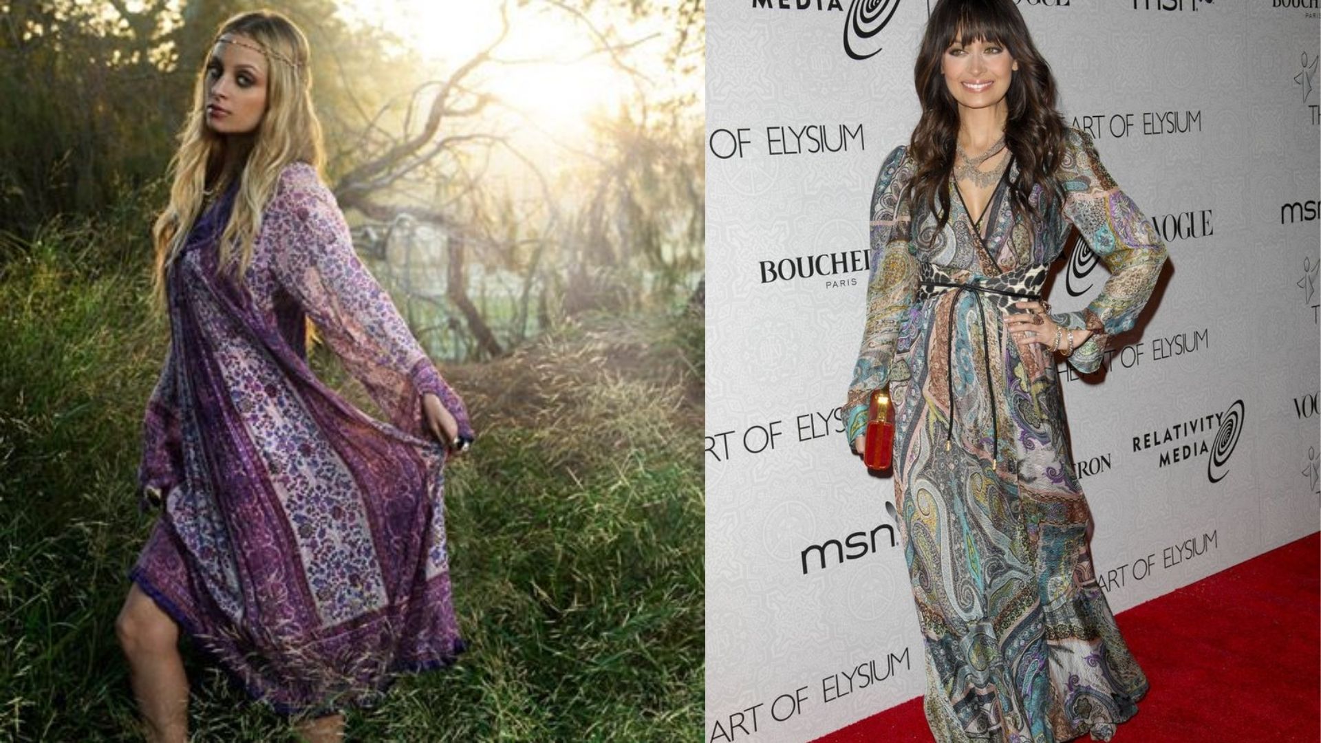 Two women in long dresses, one in a floral print, showcasing the Iconic Boho Maxi Look inspired by Nicole Richie.