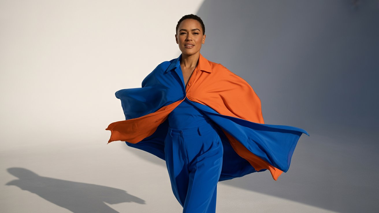 A woman confidently wears an orange and blue suit with a blue cape, embodying the theme "Own Every Look with Confidence."