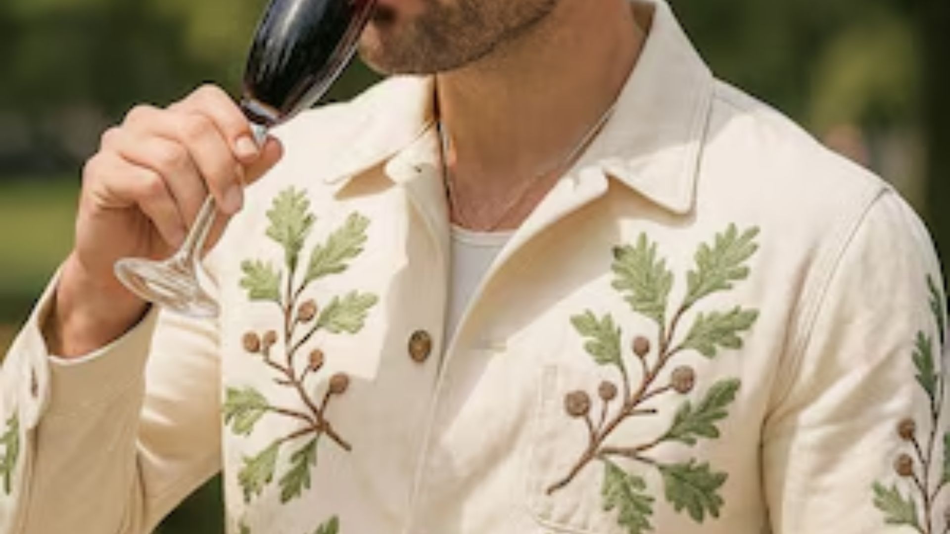 A man in a stylish jacket enjoying a glass of wine at a party, showcasing fashionable outfit ideas for Saltburn events.