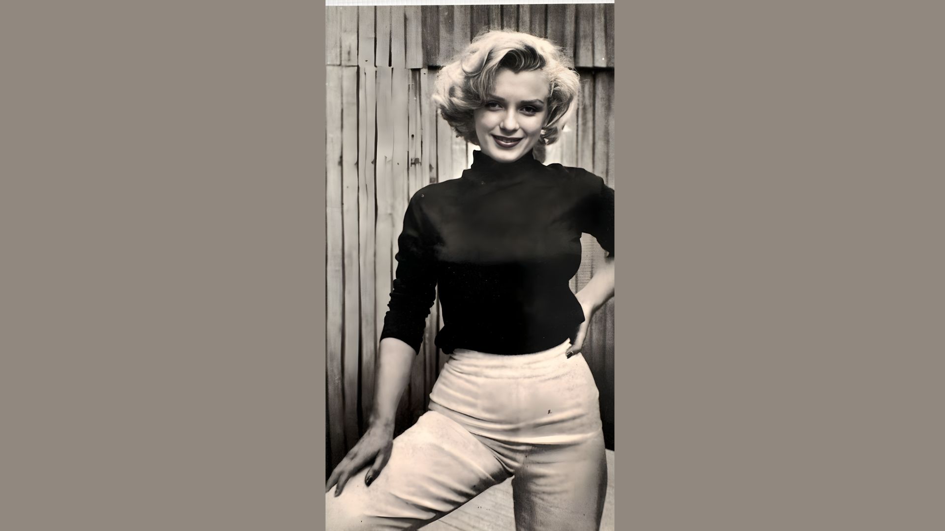 2. Marilyn Monroe dressed in a stylish black top and white pants, showcasing her iconic glamour and charm.
