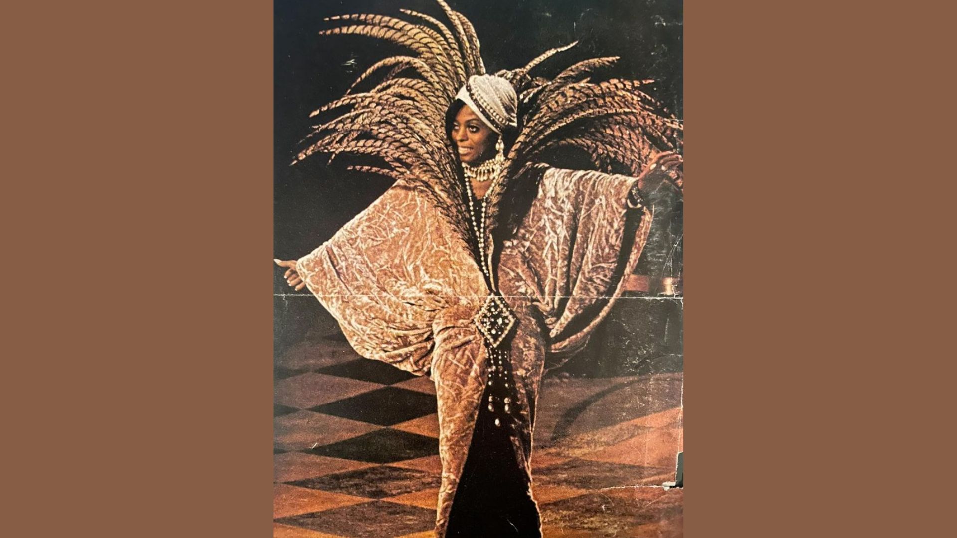 1. A woman in a vibrant feather costume poses confidently on stage, showcasing her elaborate outfit and performance presence.