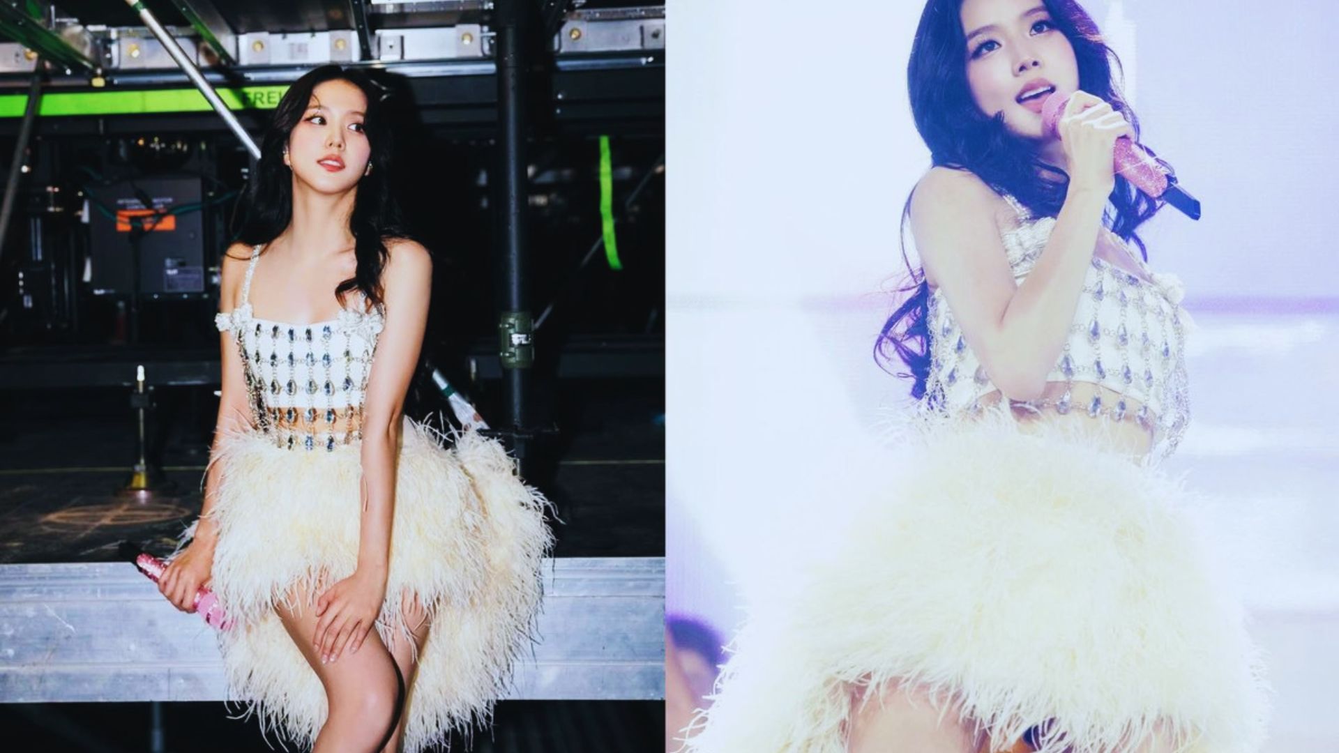 Two images of a woman wearing a feather skirt, showcasing different poses and expressions.