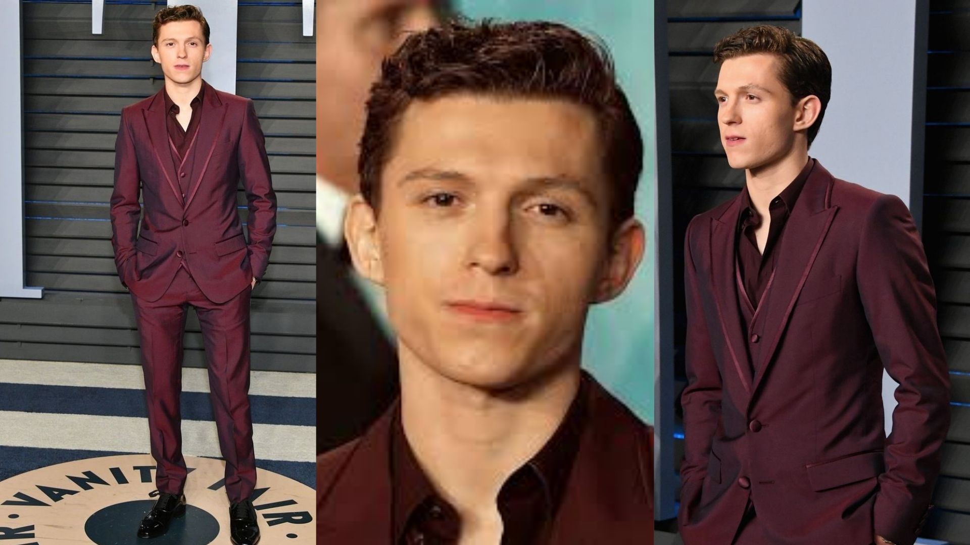Tom Holland wearing a burgundy suit at the Vanity Fair Oscars party, showcasing a stylish and elegant look.