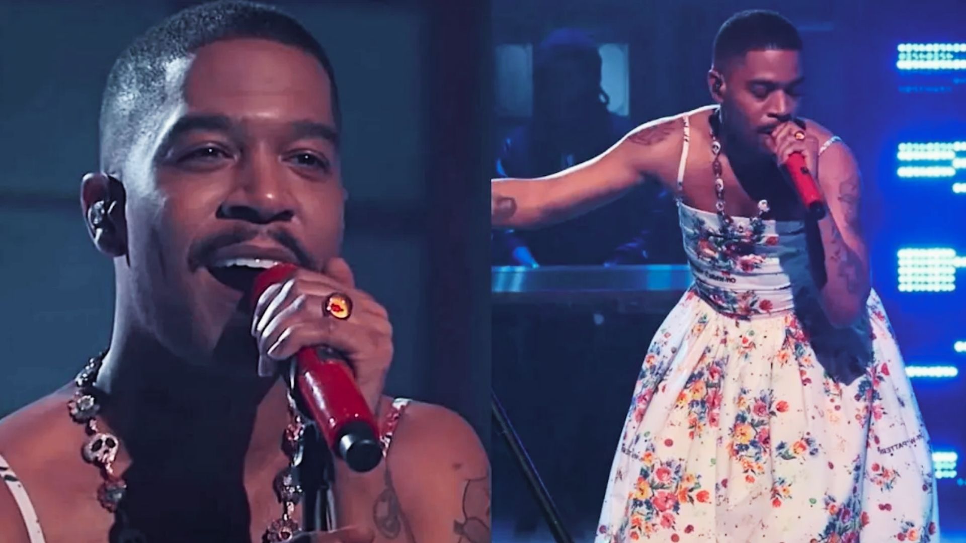 A man passionately sings into a microphone during "The Real Reason: A Tribute to Kurt Cobain" performance.