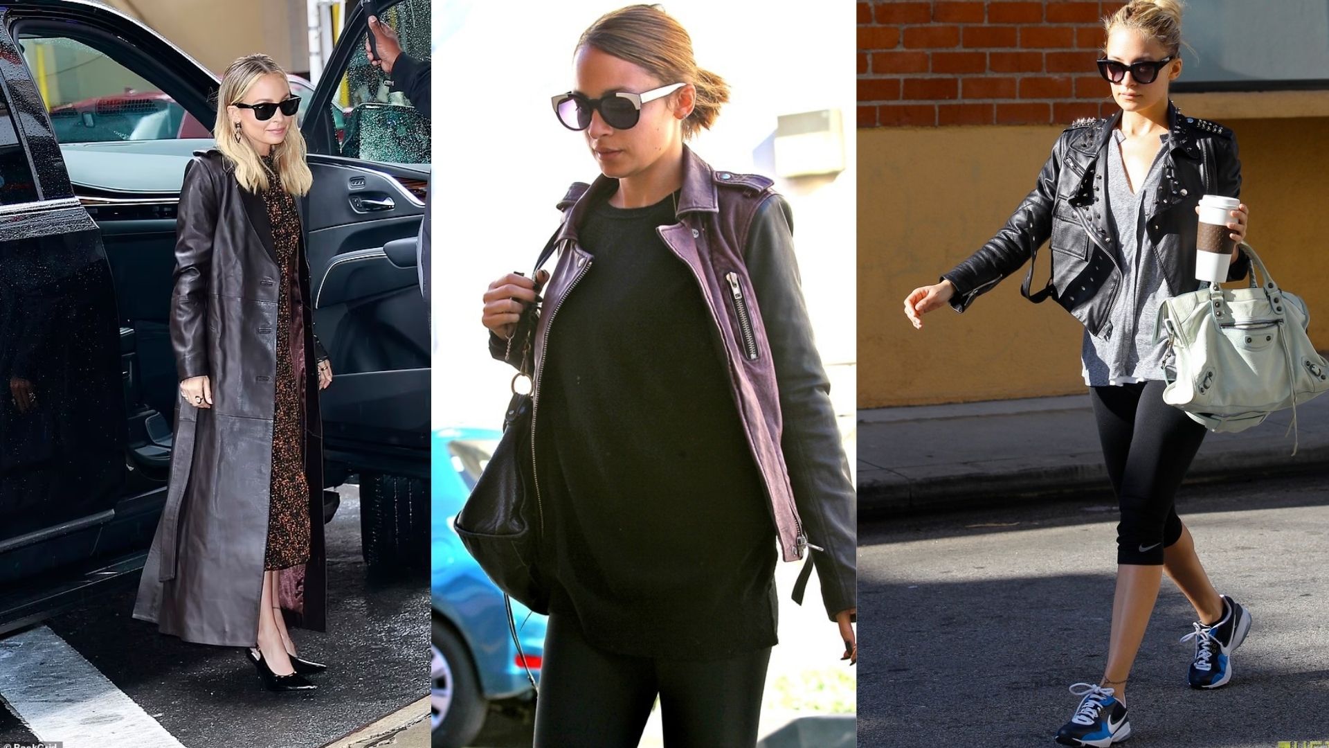 Three images of women in leather jackets and sunglasses, showcasing a stylish and edgy fashion theme.