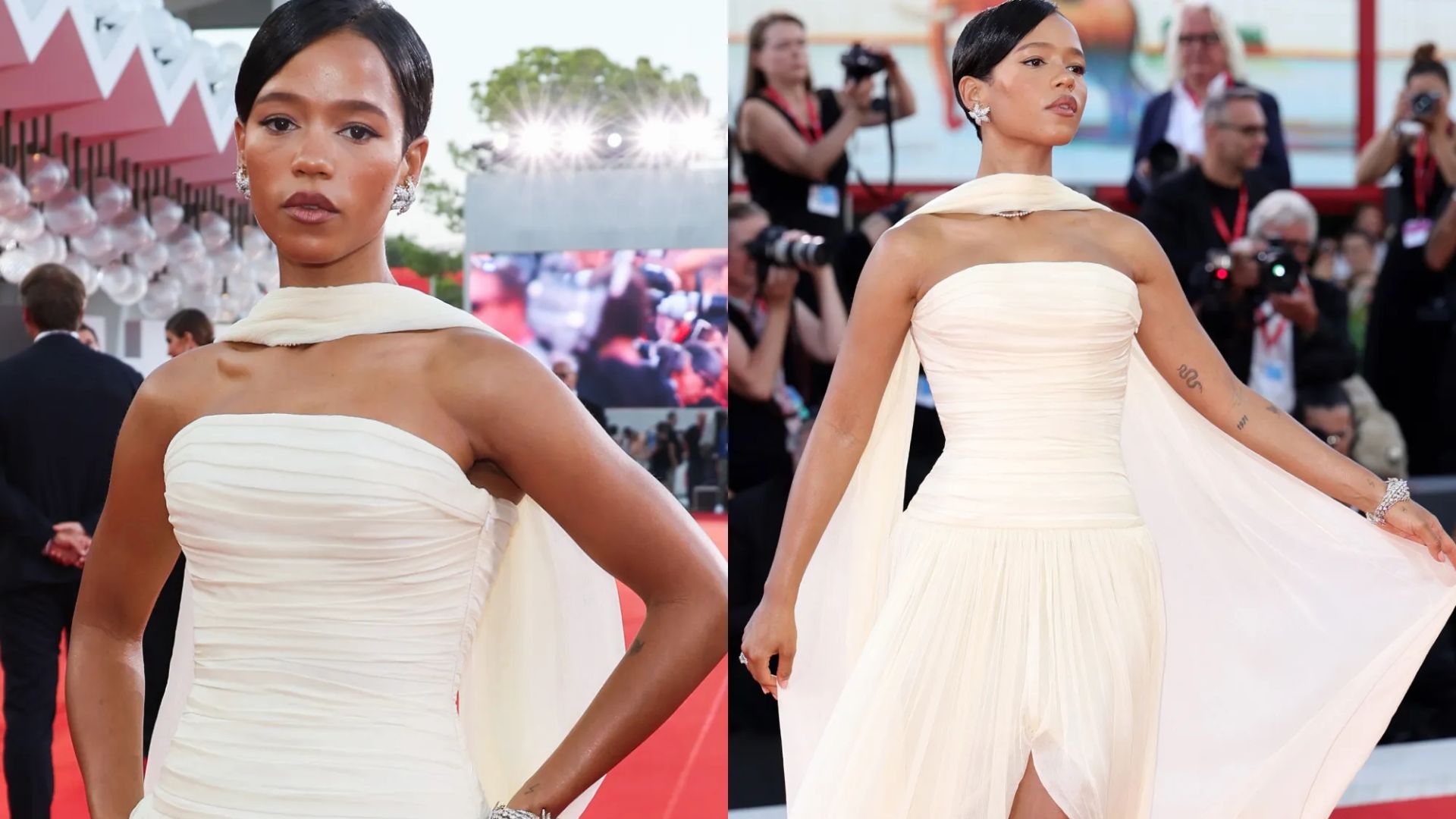 Taylor Russell in a custom Loewe white dress and cape, posing elegantly on the red carpet at the Venice Film Festival.