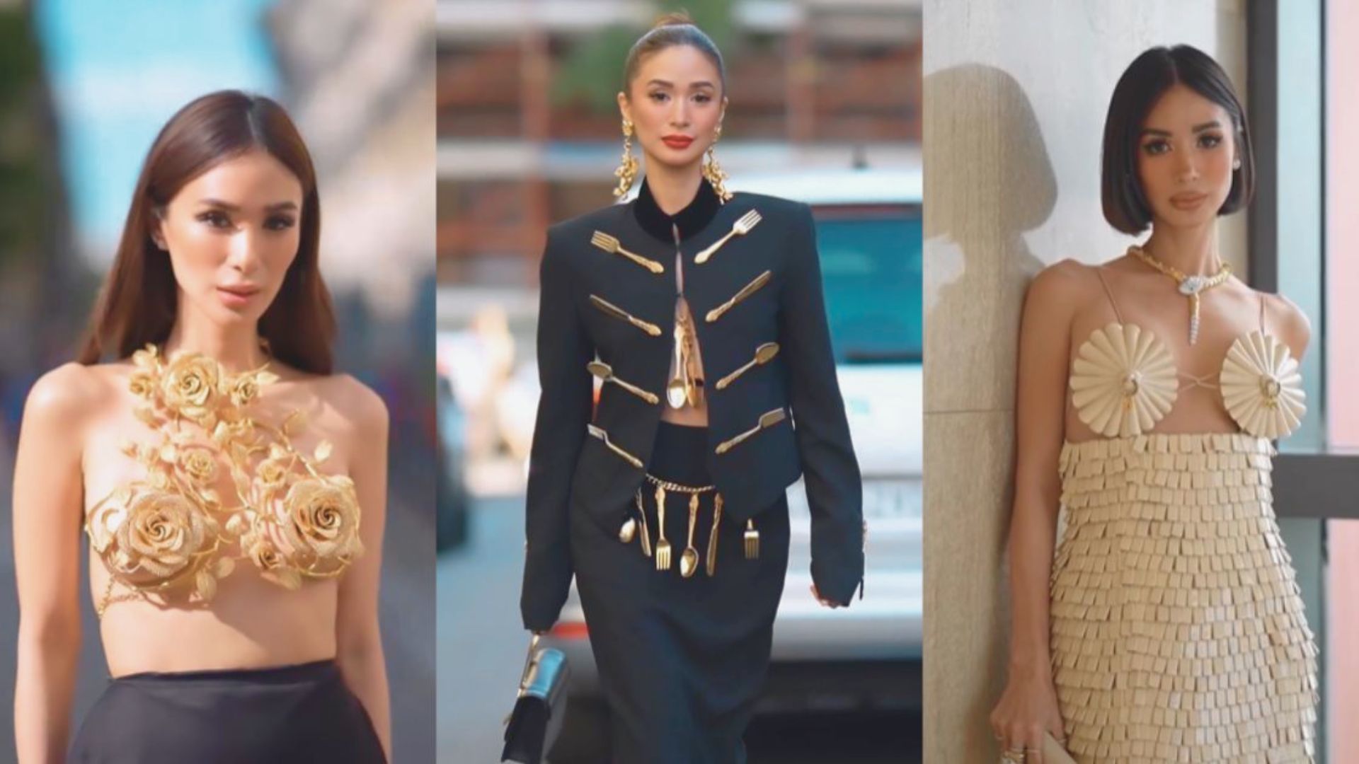 Three images of Heart Evangelista's fashion showcasing her in elegant gold and black outfits.