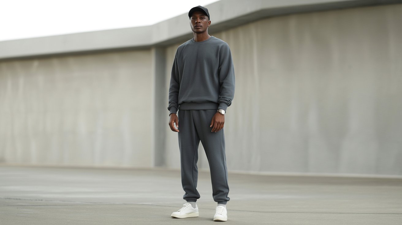 A man wearing a grey sweatshirt and sweatpants stands casually.
