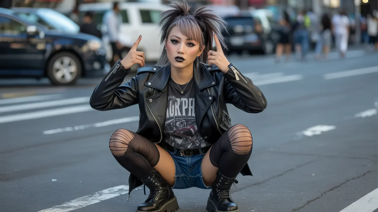 A woman in a punk outfit sits on the street, surrounded by urban scenery and graffiti-covered walls.