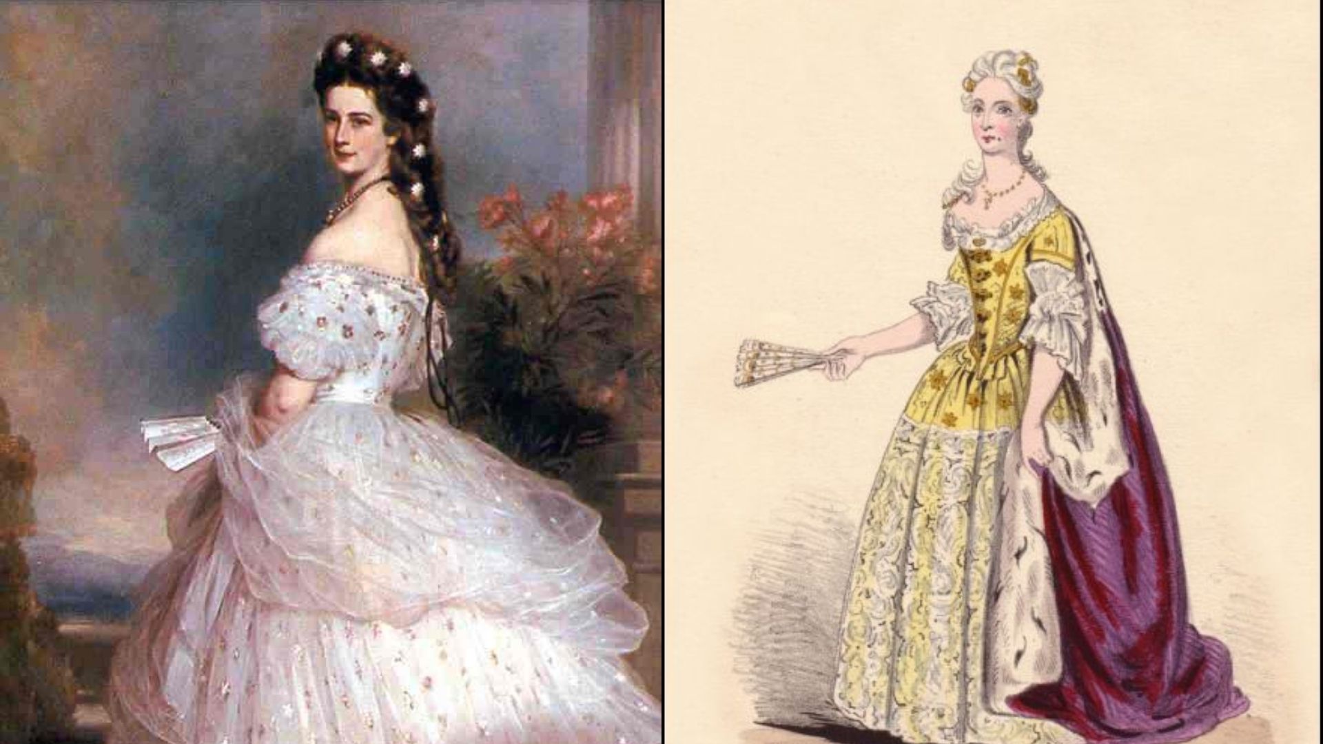Two women in elegant dresses: one in white and the other in yellow, showcasing their stylish outfits.