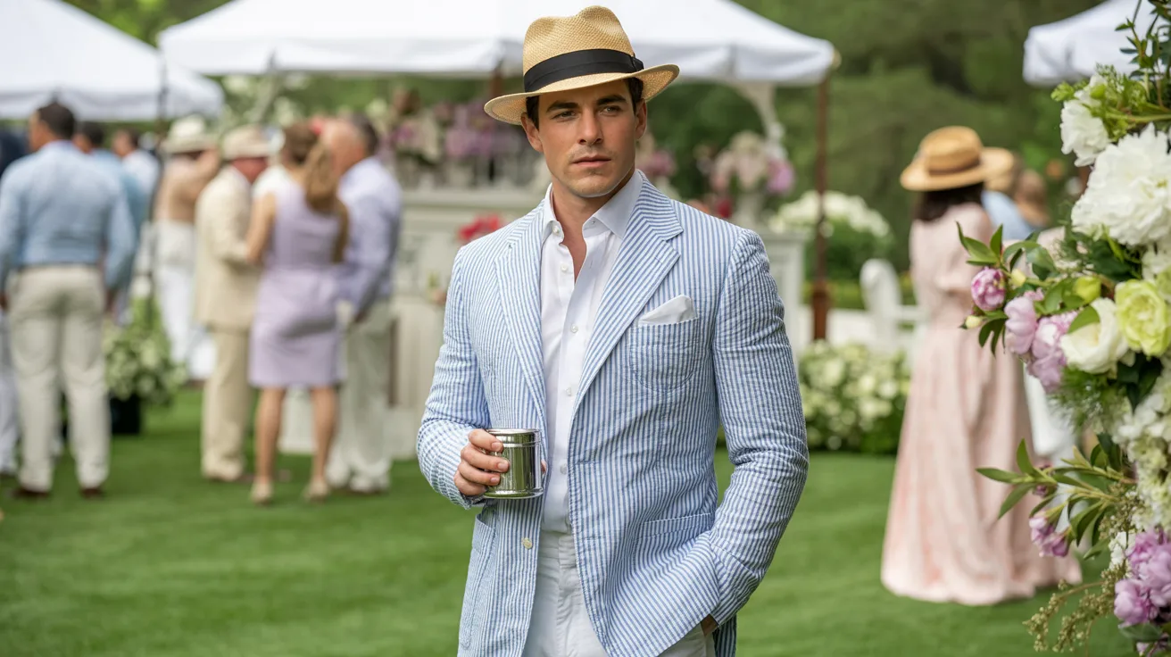 A man wearing a hat and suit stands on the grass, looking confidently into the distance.