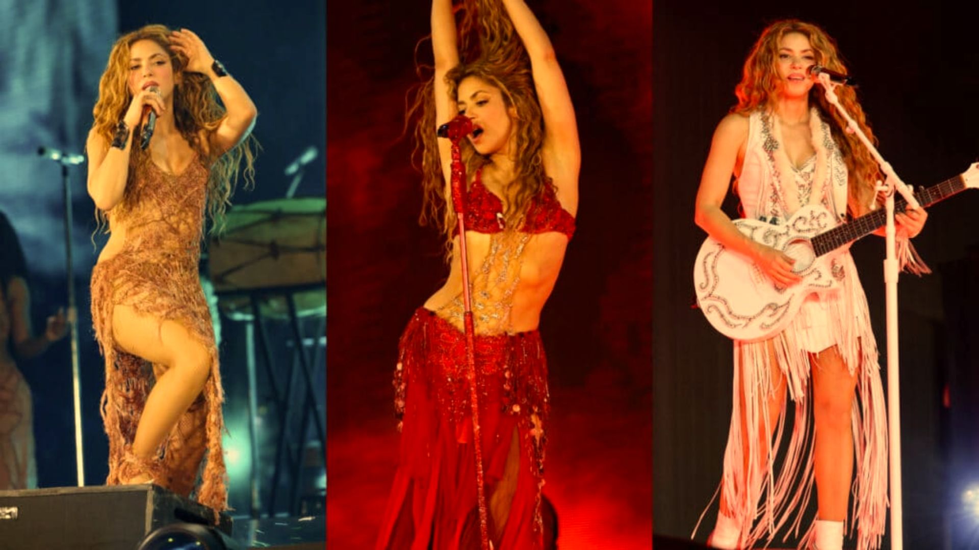 Three images featuring a woman in a red dress and another in a gold dress, showcasing different poses and expressions.