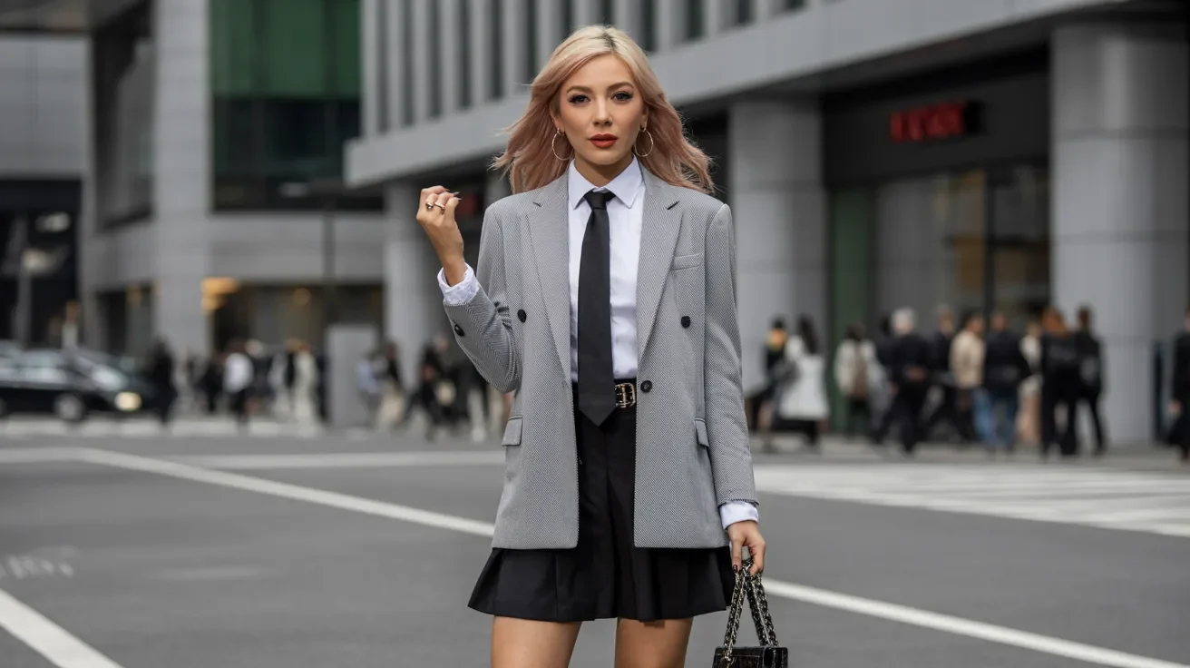 A woman in a suit and tie confidently walks down the street, showcasing a professional appearance.