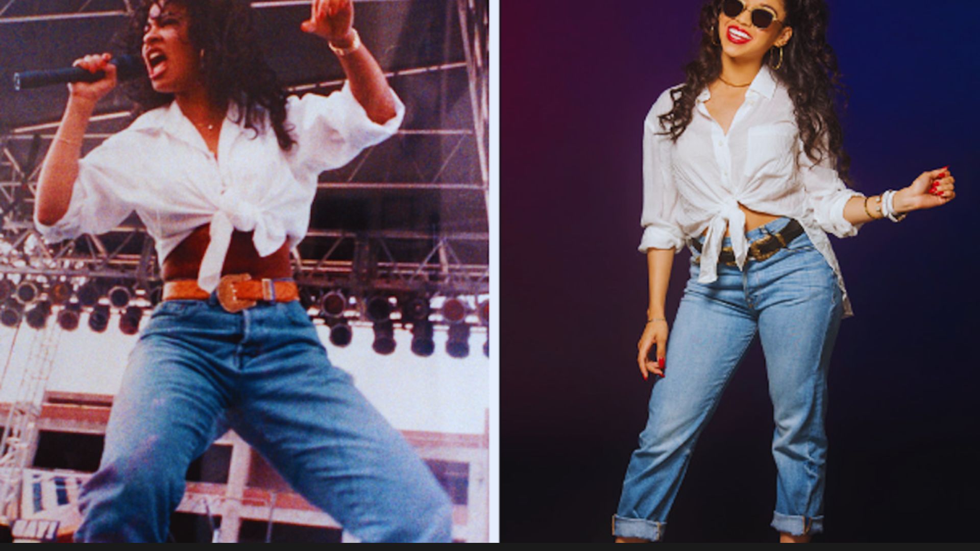 Two images of a woman wearing jeans and a white shirt, showcasing different poses and expressions.