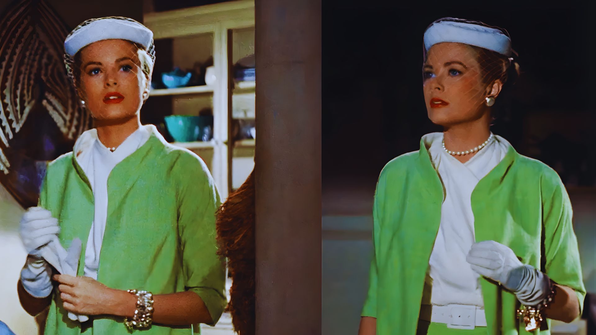 Two images of a woman wearing a green and white outfit, showcasing different poses and expressions.