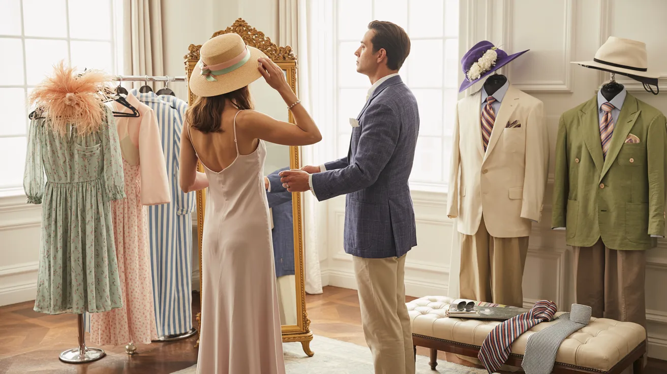 A man and woman examine clothing together in a well-lit room filled with various garments.