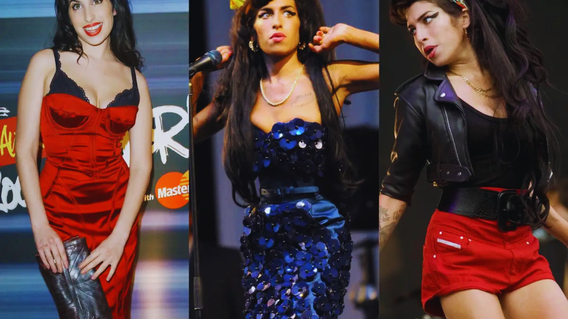 Amy Winehouse, renowned for her unique style, poses confidently, showcasing her status as a fashion icon.