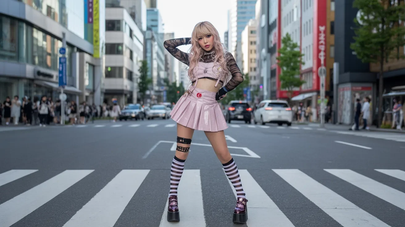 A woman in a pink skirt and stockings stands on a crosswalk, looking to her right as traffic passes by.
