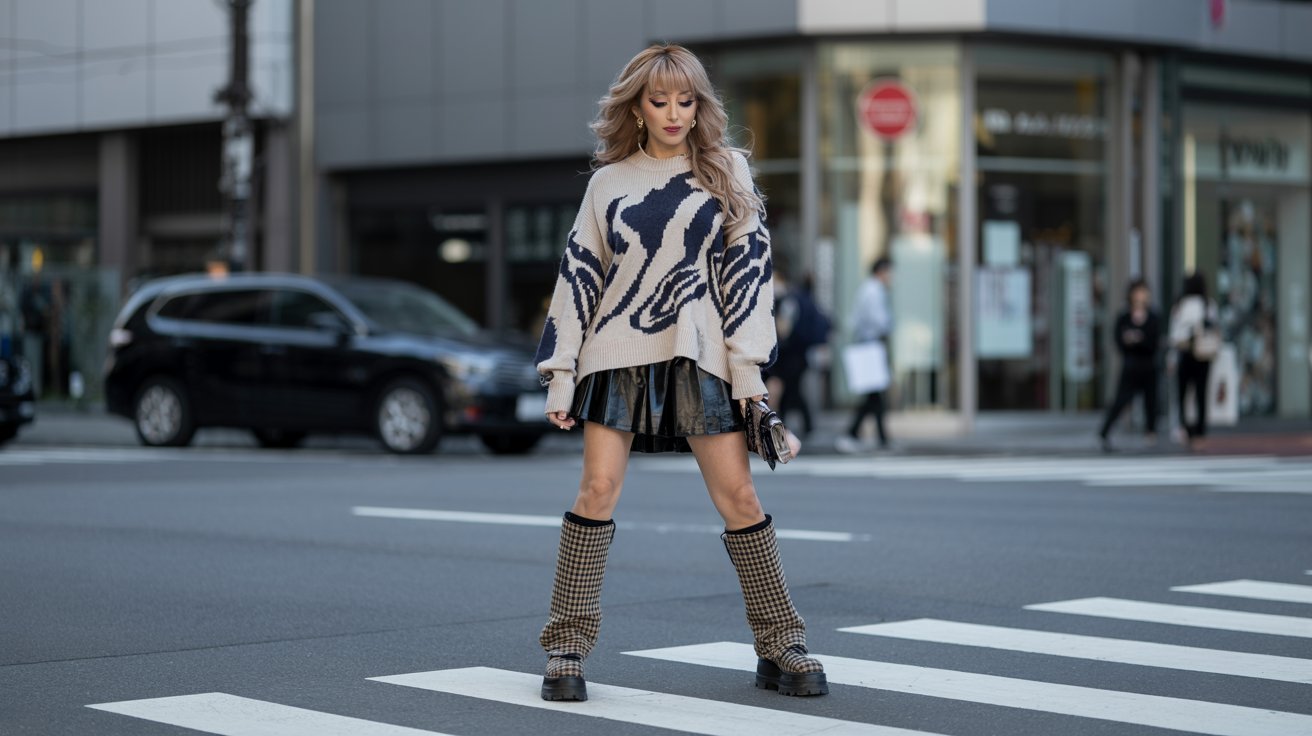 A woman wearing a sweater and skirt is crossing the street, looking to her left as she navigates the crosswalk.