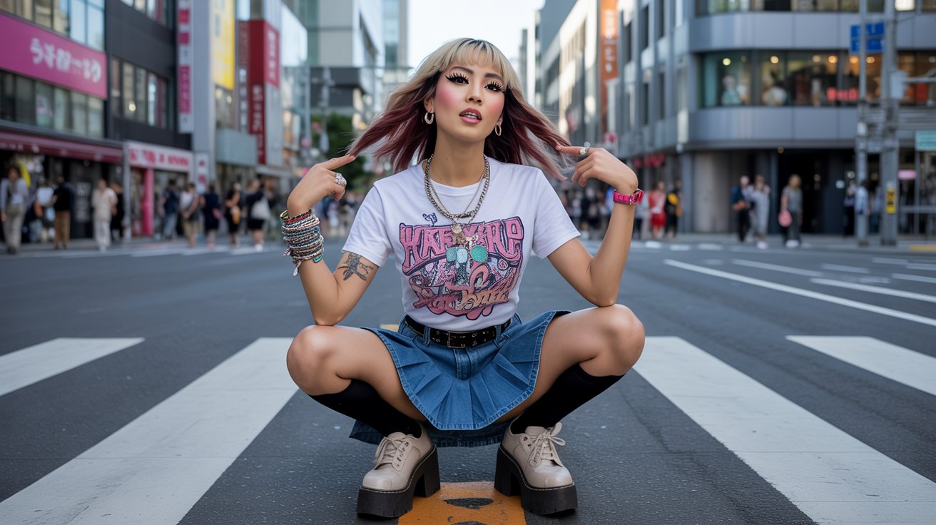 A woman with pink hair wearing a white t-shirt sits on a skateboard, smiling and enjoying her surroundings.