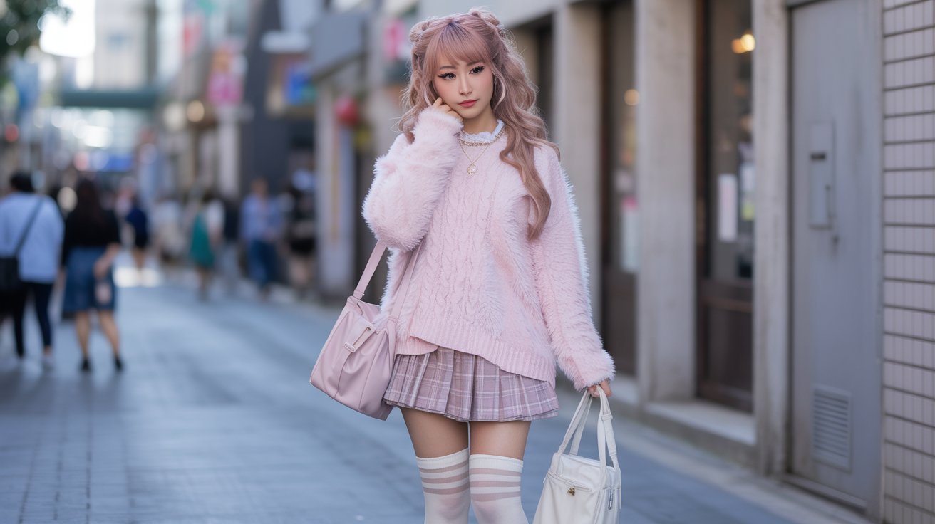 A woman in a pink sweater and skirt walks down a city street, surrounded by buildings and trees.
