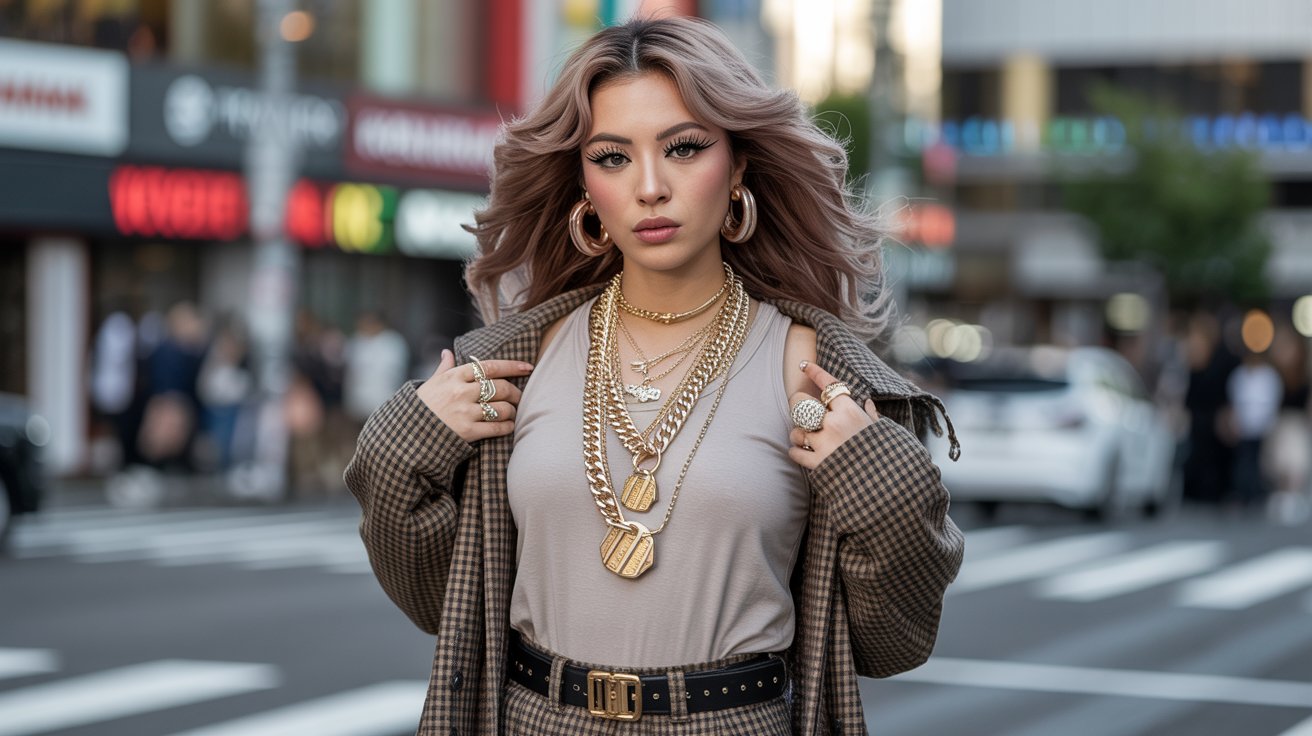 A woman with a gold chain and necklace stands on a vibrant street, showcasing her style.