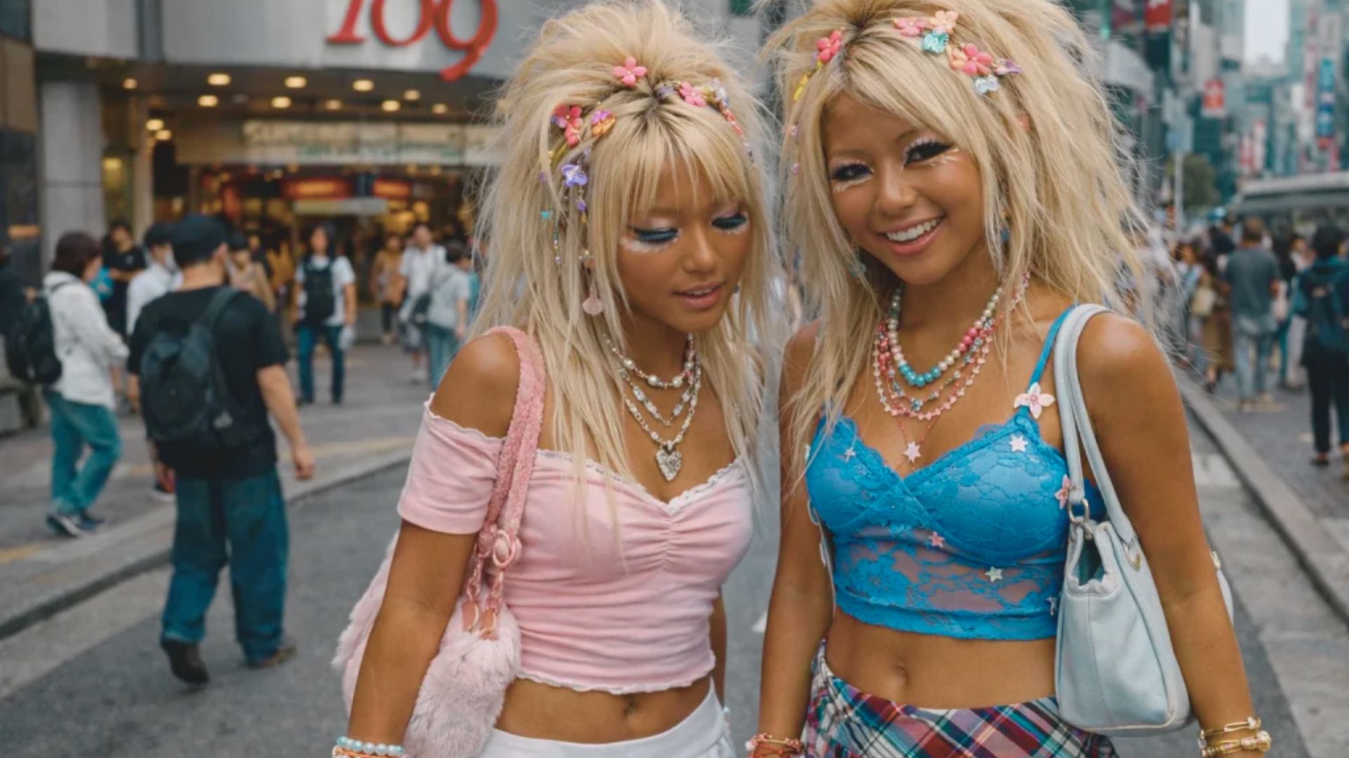 Two young women in vibrant clothing stand together on a lively street, smiling and enjoying their surroundings.