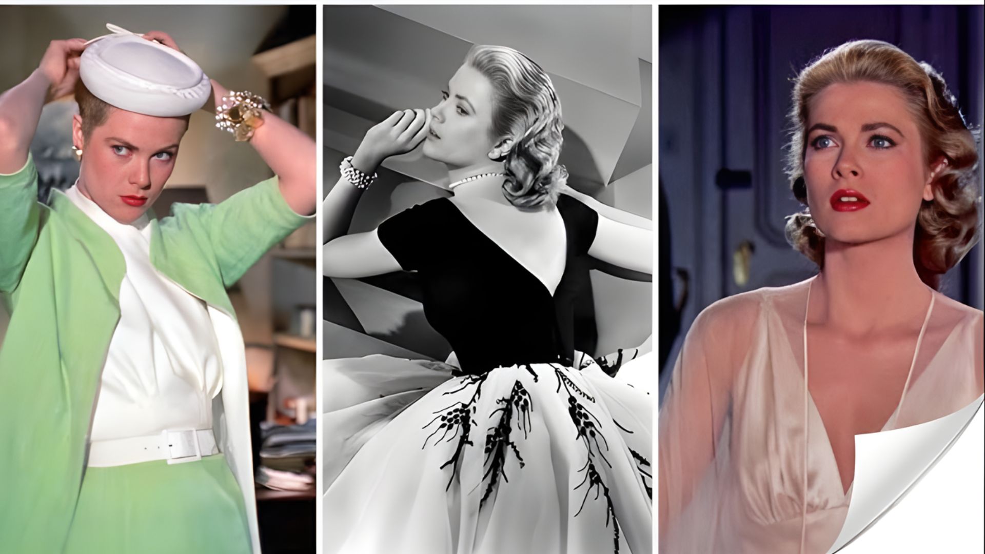 Three images of women wearing elegant dresses and stylish hats, showcasing diverse fashion and personal styles.