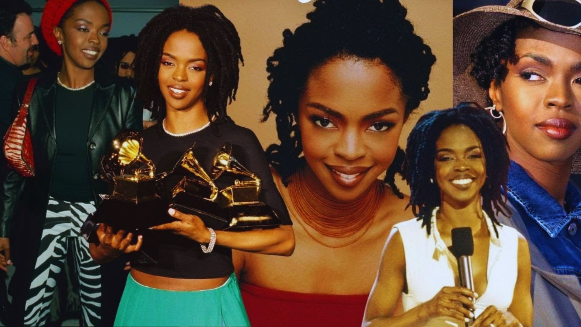 A collage featuring black women holding awards alongside a woman wearing a stylish hat, celebrating achievements and diversity.