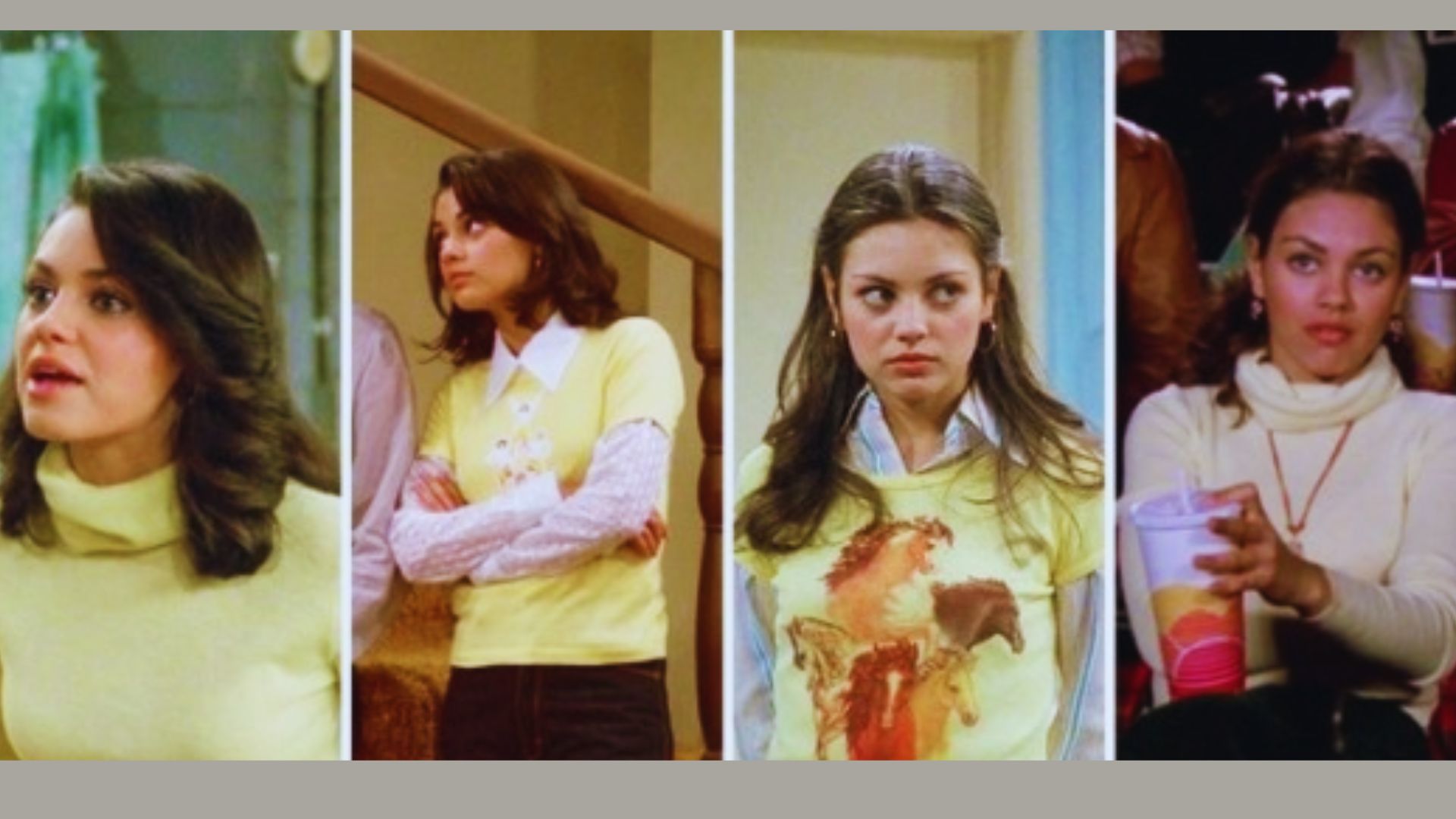 Four images of a woman wearing a yellow shirt, showcasing different poses and expressions in each picture.