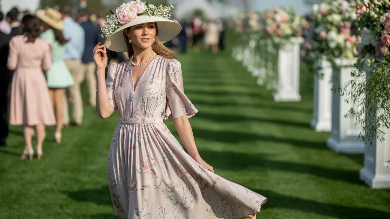 A woman in a floral dress and hat strolls across a grassy area, enjoying a sunny day outdoors.
