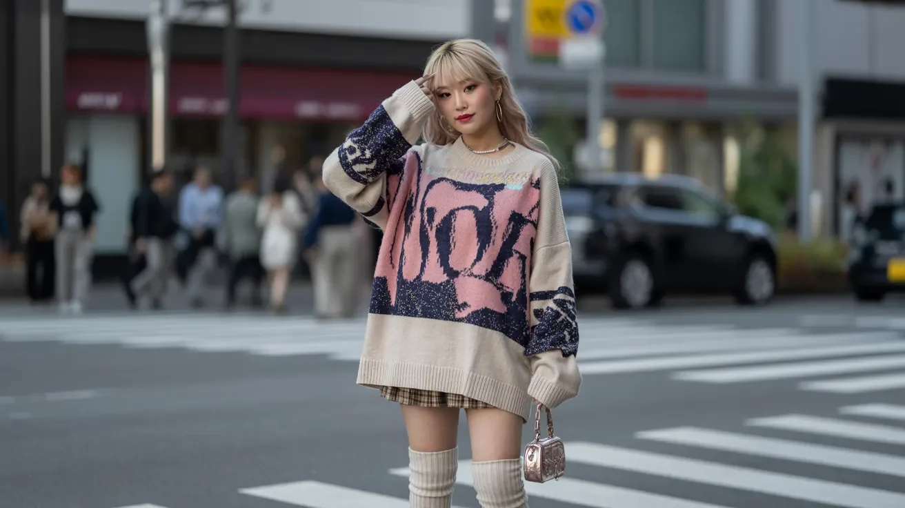 A woman dressed in a sweater and knee-high boots is seen crossing the street.