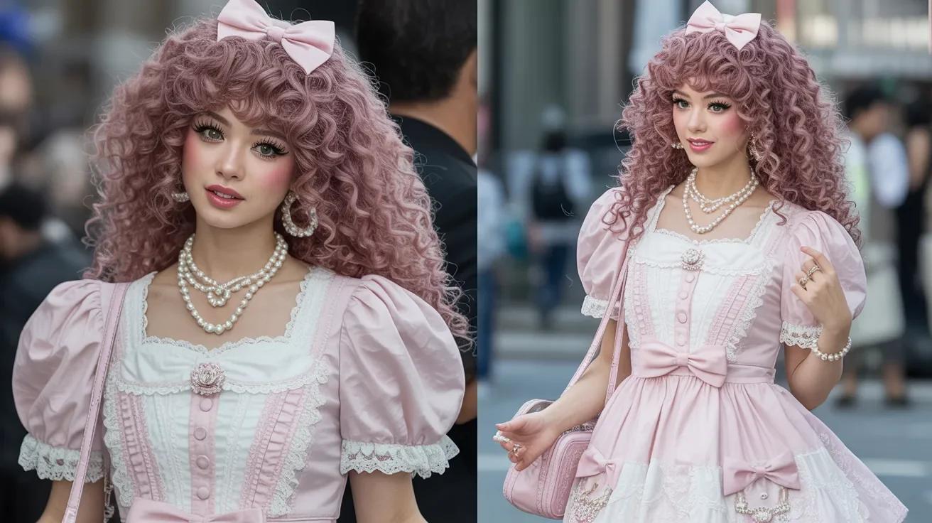 Two images of a woman with pink hair adorned with pearls, showcasing her unique style and vibrant personality.