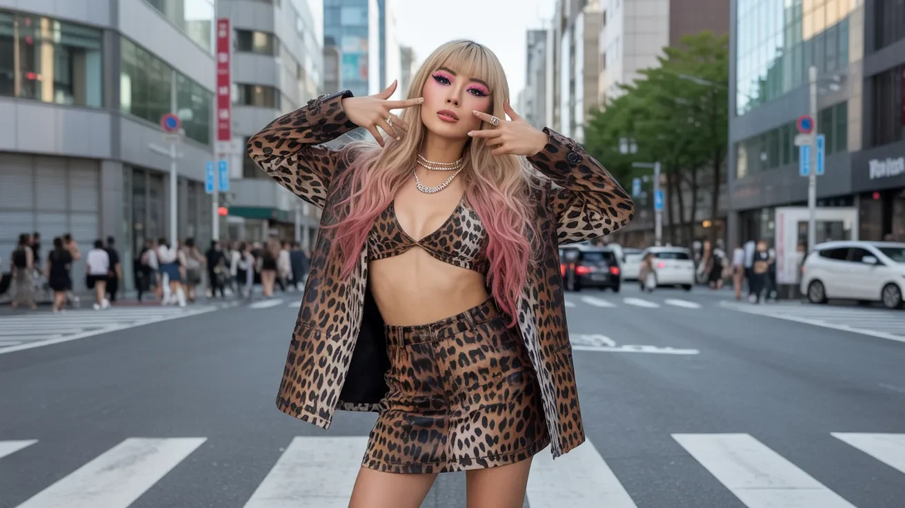 A woman wearing a leopard print outfit confidently crosses the street, showcasing her bold fashion choice.
